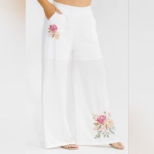 11-0329 White Wide-Leg Floral Embroidered Summer Boho Pants *Boutique*